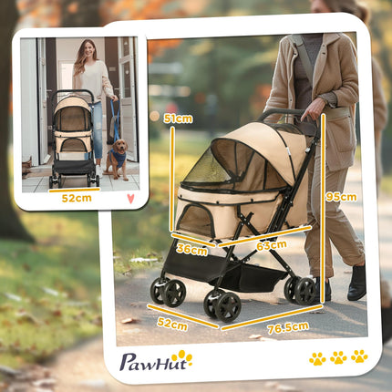 Foldable Pet Stroller Pushchair with Reversible Handle, Brake & Basket for Dog Cat Travel - Light Brown