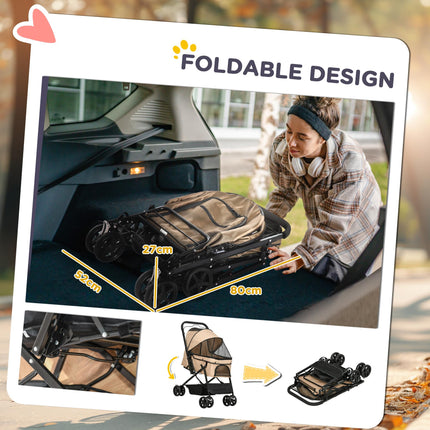 Foldable Pet Stroller Pushchair with Reversible Handle, Brake & Basket for Dog Cat Travel - Light Brown