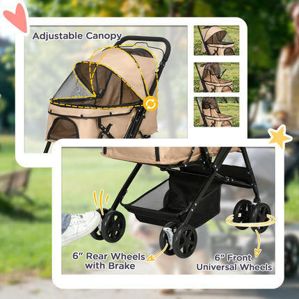 Foldable Pet Stroller Pushchair with Reversible Handle, Brake & Basket for Dog Cat Travel - Light Brown