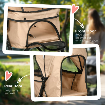 Foldable Pet Stroller Pushchair with Reversible Handle, Brake & Basket for Dog Cat Travel - Light Brown