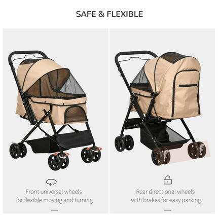Foldable Pet Stroller Pushchair with Reversible Handle, Brake & Basket for Dog Cat Travel - Light Brown