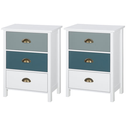 Set of 2 Bedside Tables with 3-Drawer Chest, Shabby Chic Nightstands with Metal Handles - Grey and Blue