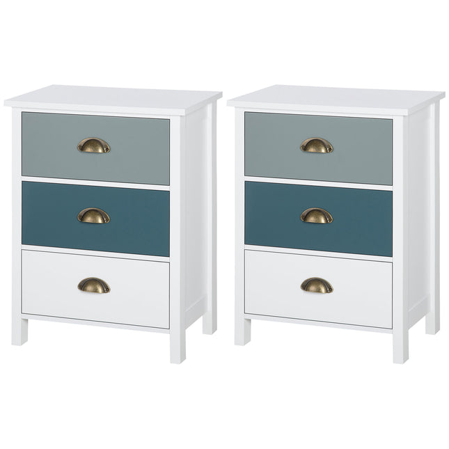 Set of 2 Bedside Tables with 3-Drawer Chest, Shabby Chic Nightstands with Metal Handles - Grey and Blue