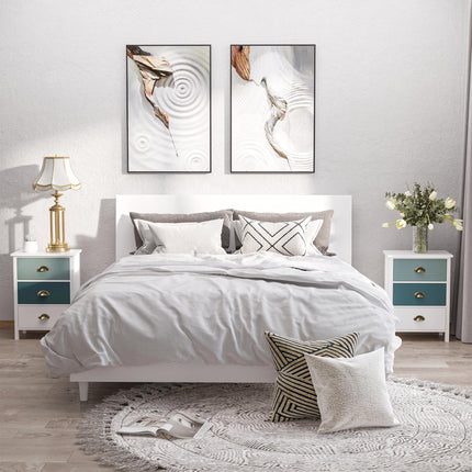 Set of 2 Bedside Tables with 3-Drawer Chest, Shabby Chic Nightstands with Metal Handles - Grey and Blue