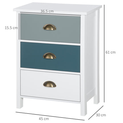 Set of 2 Bedside Tables with 3-Drawer Chest, Shabby Chic Nightstands with Metal Handles - Grey and Blue