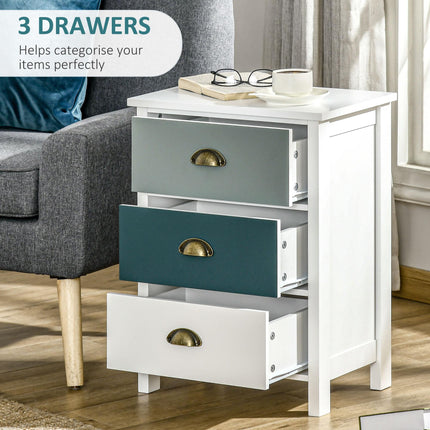 Set of 2 Bedside Tables with 3-Drawer Chest, Shabby Chic Nightstands with Metal Handles - Grey and Blue