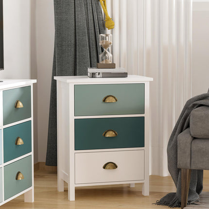 Set of 2 Bedside Tables with 3-Drawer Chest, Shabby Chic Nightstands with Metal Handles - Grey and Blue