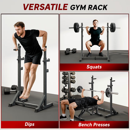 Heavy Duty Adjustable Barbell Squat Rack with Dip Station Multifunctional Power Stand - Black