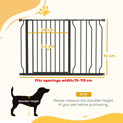 Expandable Pressure-Mounted Dog Gate with Door 75-115cm for Hallways & Staircases - Black