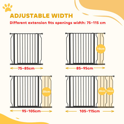 Expandable Pressure-Mounted Dog Gate with Door 75-115cm for Hallways & Staircases - Black