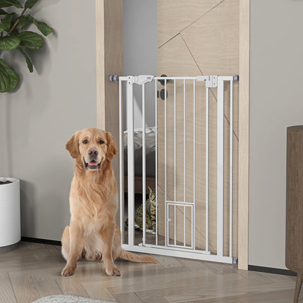 Extra Tall Indoor Pet Gate with Cat Flap, Auto Close, 74-80cm Wide - White