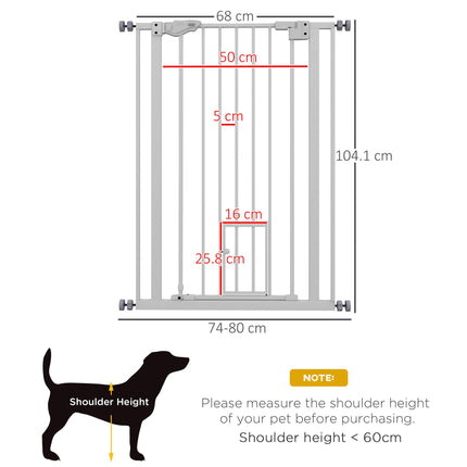 Extra Tall Indoor Pet Gate with Cat Flap, Auto Close, 74-80cm Wide - White