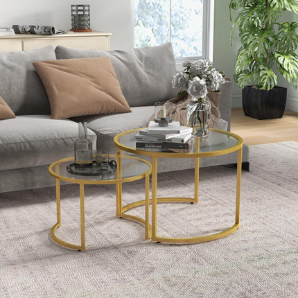 Coffee Table Set of 2, Modern Nest of Tables with Tempered Glass Top, Steel Fram