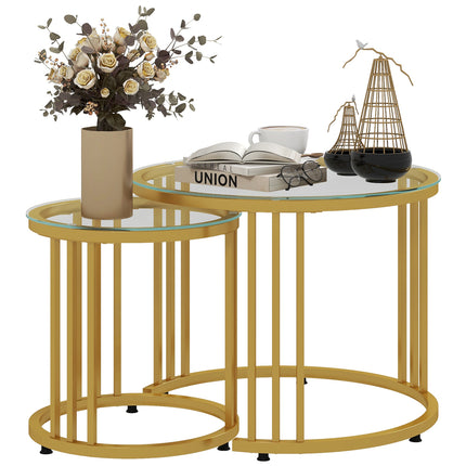 Set of 2 Round Nesting Coffee Tables with Tempered Glass Top and Steel Frame - Gold Tone
