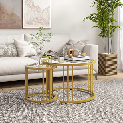 Set of 2 Round Nesting Coffee Tables with Tempered Glass Top and Steel Frame - Gold Tone