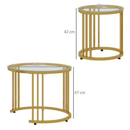 Set of 2 Round Nesting Coffee Tables with Tempered Glass Top and Steel Frame - Gold Tone