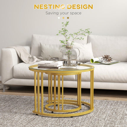 Set of 2 Round Nesting Coffee Tables with Tempered Glass Top and Steel Frame - Gold Tone