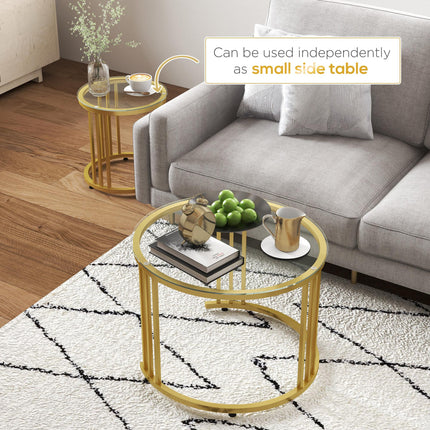 Set of 2 Round Nesting Coffee Tables with Tempered Glass Top and Steel Frame - Gold Tone