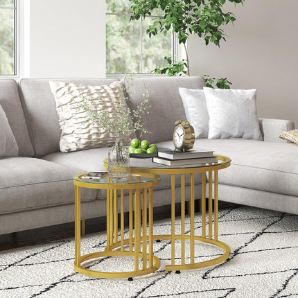 Set of 2 Round Nesting Coffee Tables with Tempered Glass Top and Steel Frame - Gold Tone