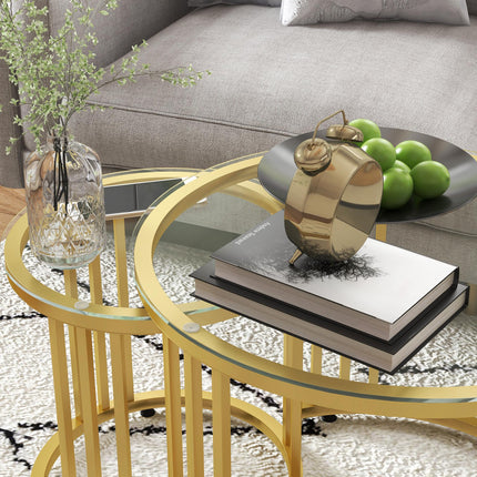 Set of 2 Round Nesting Coffee Tables with Tempered Glass Top and Steel Frame - Gold Tone