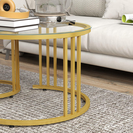 Set of 2 Round Nesting Coffee Tables with Tempered Glass Top and Steel Frame - Gold Tone