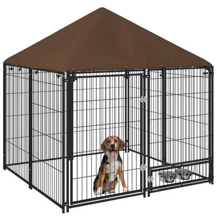 Outdoor Dog Kennel Puppy Play Pen with Canopy and Rotating Bowl 141x141x151 cm - Black/Brown
