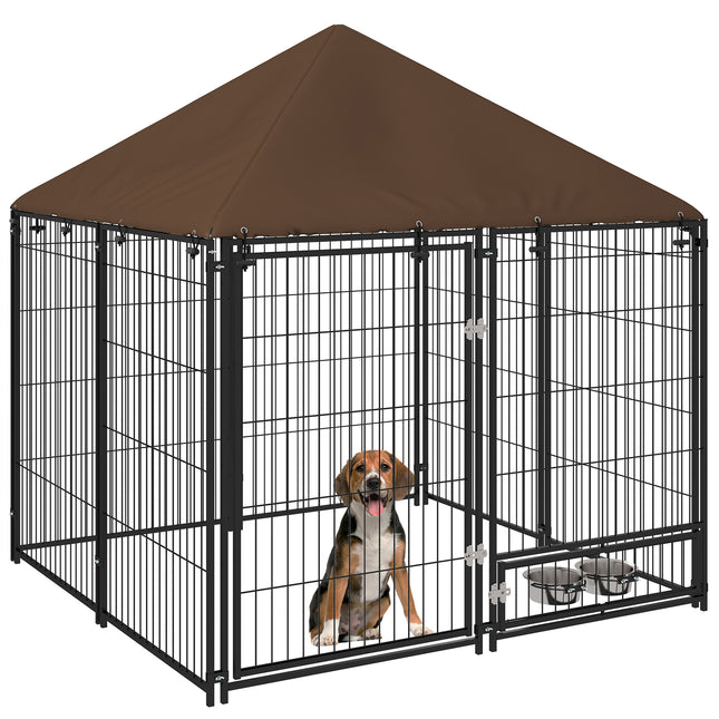Outdoor Dog Kennel Puppy Play Pen with Canopy and Rotating Bowl 141x141x151 cm - Black/Brown