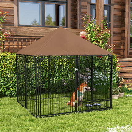 Outdoor Dog Kennel Puppy Play Pen with Canopy and Rotating Bowl 141x141x151 cm - Black/Brown