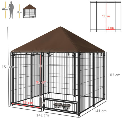 Outdoor Dog Kennel Puppy Play Pen with Canopy and Rotating Bowl 141x141x151 cm - Black/Brown
