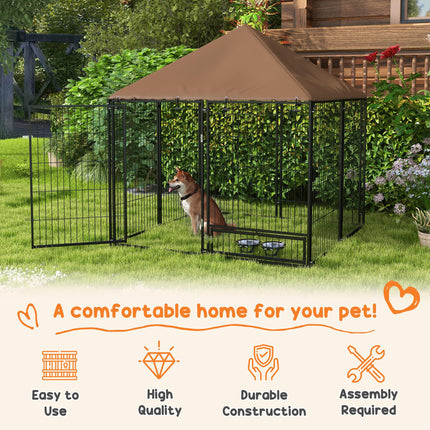 Outdoor Dog Kennel Puppy Play Pen with Canopy and Rotating Bowl 141x141x151 cm - Black/Brown
