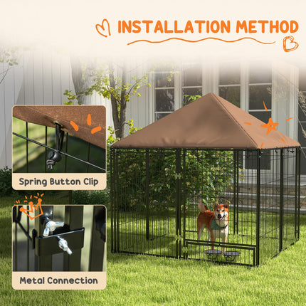 Outdoor Dog Kennel Puppy Play Pen with Canopy and Rotating Bowl 141x141x151 cm - Black/Brown