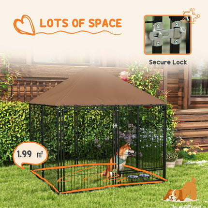 Outdoor Dog Kennel Puppy Play Pen with Canopy and Rotating Bowl 141x141x151 cm - Black/Brown