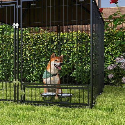 Outdoor Dog Kennel Puppy Play Pen with Canopy and Rotating Bowl 141x141x151 cm - Black/Brown