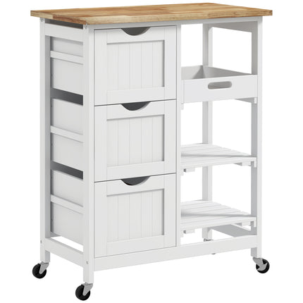 Rolling Kitchen Island Cart with Wood Top, Shelves & Drawers for Dining Area - White