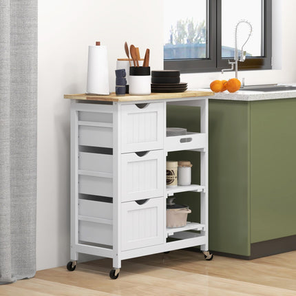 Rolling Kitchen Island Cart with Wood Top, Shelves & Drawers for Dining Area - White