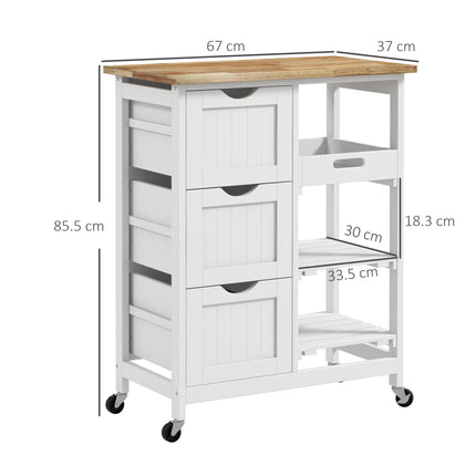 Rolling Kitchen Island Cart with Wood Top, Shelves & Drawers for Dining Area - White