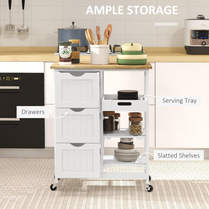 Rolling Kitchen Island Cart with Wood Top, Shelves & Drawers for Dining Area - White