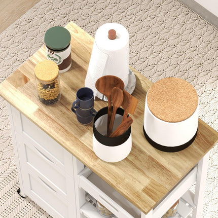 Rolling Kitchen Island Cart with Wood Top, Shelves & Drawers for Dining Area - White