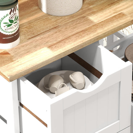 Rolling Kitchen Island Cart with Wood Top, Shelves & Drawers for Dining Area - White