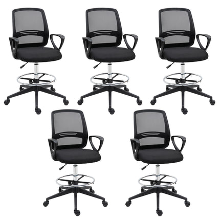 Set of 5 Ergonomic Tall Mesh Back Draughtsman Office Chairs with Adjustable Height, Footrest & 360° Swivel - Black