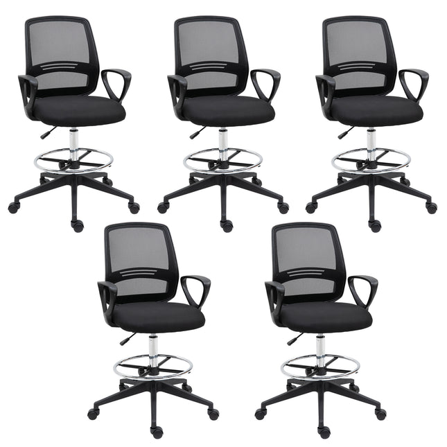 Set of 5 Ergonomic Tall Mesh Back Draughtsman Office Chairs with Adjustable Height, Footrest & 360° Swivel - Black