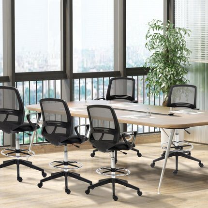 Set of 5 Ergonomic Tall Mesh Back Draughtsman Office Chairs with Adjustable Height, Footrest & 360° Swivel - Black