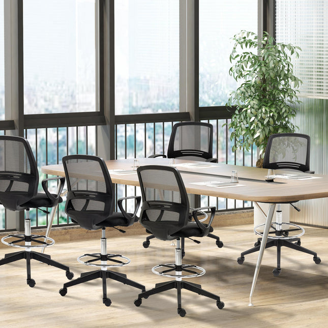 Set of 5 Ergonomic Tall Mesh Back Draughtsman Office Chairs with Adjustable Height, Footrest & 360° Swivel - Black