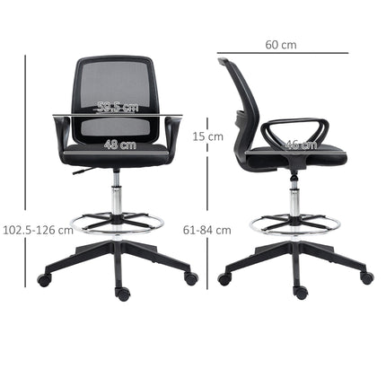 Set of 5 Ergonomic Tall Mesh Back Draughtsman Office Chairs with Adjustable Height, Footrest & 360° Swivel - Black