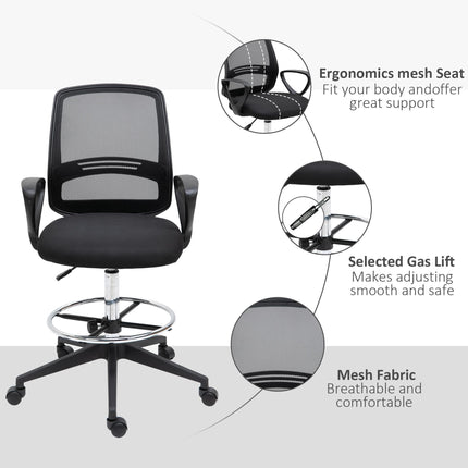 Set of 5 Ergonomic Tall Mesh Back Draughtsman Office Chairs with Adjustable Height, Footrest & 360° Swivel - Black