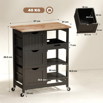 HOMCOM Rolling Kitchen Island Cart, Bar Serving Cart, Compact Trolley on Wheels with Wood Top, Shelves & Drawers for Home Dining Area, Black