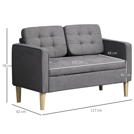 Modern 2 Seater Loveseat Sofa with Hidden Storage and Tufted Cotton Upholstery - Grey