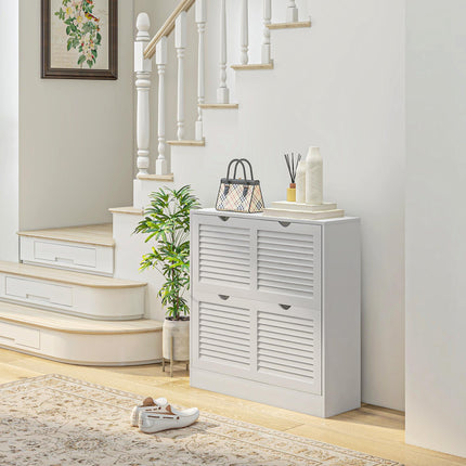 2-Drawer Narrow Entryway Shoe Cabinet with Flip Drawers, Louvered Doors & Adjustable Shelves for 16 Pairs - White