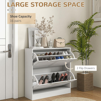 2-Drawer Narrow Entryway Shoe Cabinet with Flip Drawers, Louvered Doors & Adjustable Shelves for 16 Pairs - White