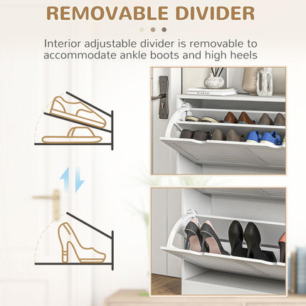2-Drawer Narrow Entryway Shoe Cabinet with Flip Drawers, Louvered Doors & Adjustable Shelves for 16 Pairs - White